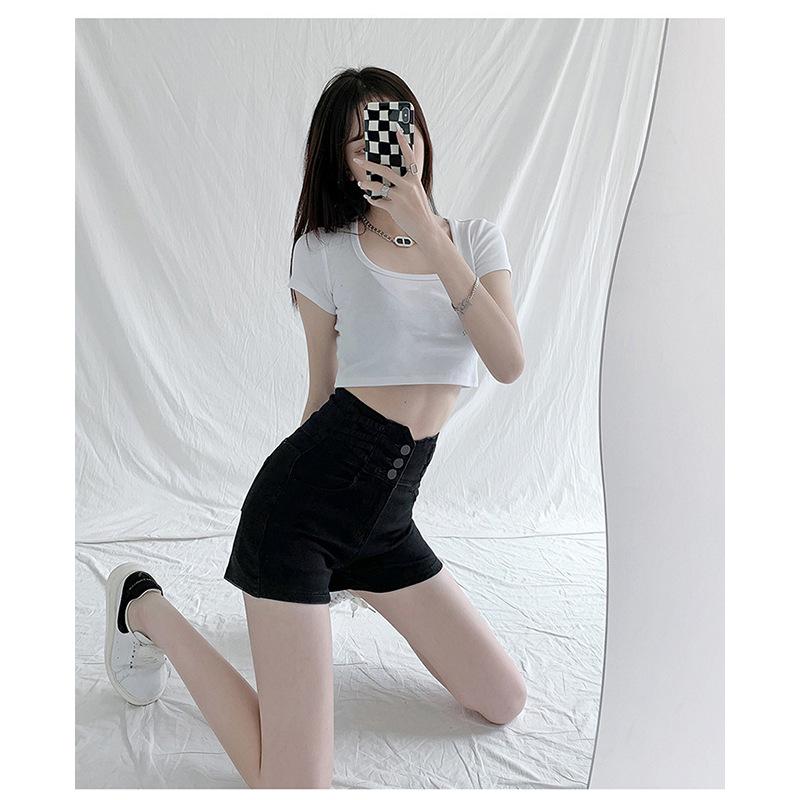 Черные джинсовые шорты с застежкой на пуговицы и высокой талией, корректирующие живот, для женщин, эластичные прямые брюки А-силуэта, широкие шорты в стиле Ins