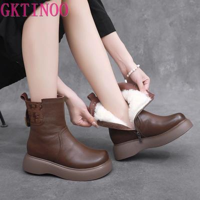 Модная GKTINOO 2024 Женские зимние ботинки 100% натуральная кожа натуральная шерсть мех платформа полусапоги для женщин зимняя теплая обувь