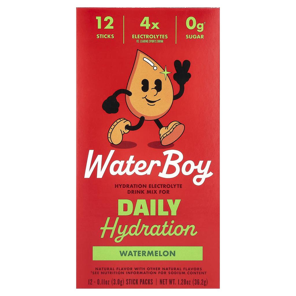 Waterboy, Daily Hydration, Electrolyte Drink Mix, Watermelon Flavor, 12 Stick Packs, 3g (0.11oz) Each