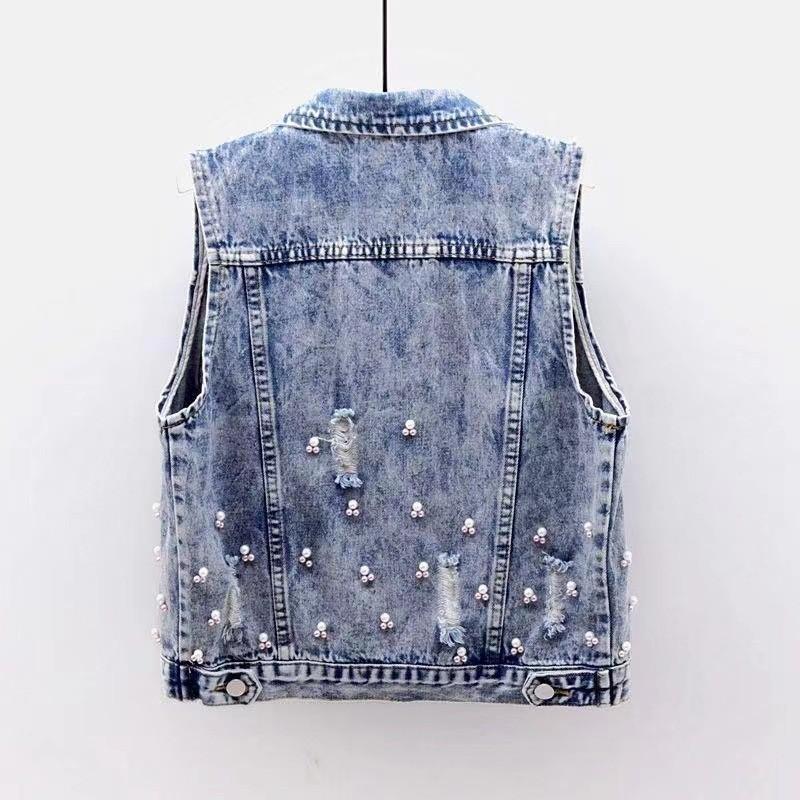 Female Spring and Autumn Short Sleeveless Denim Vest Loose Unique Doing Old Top