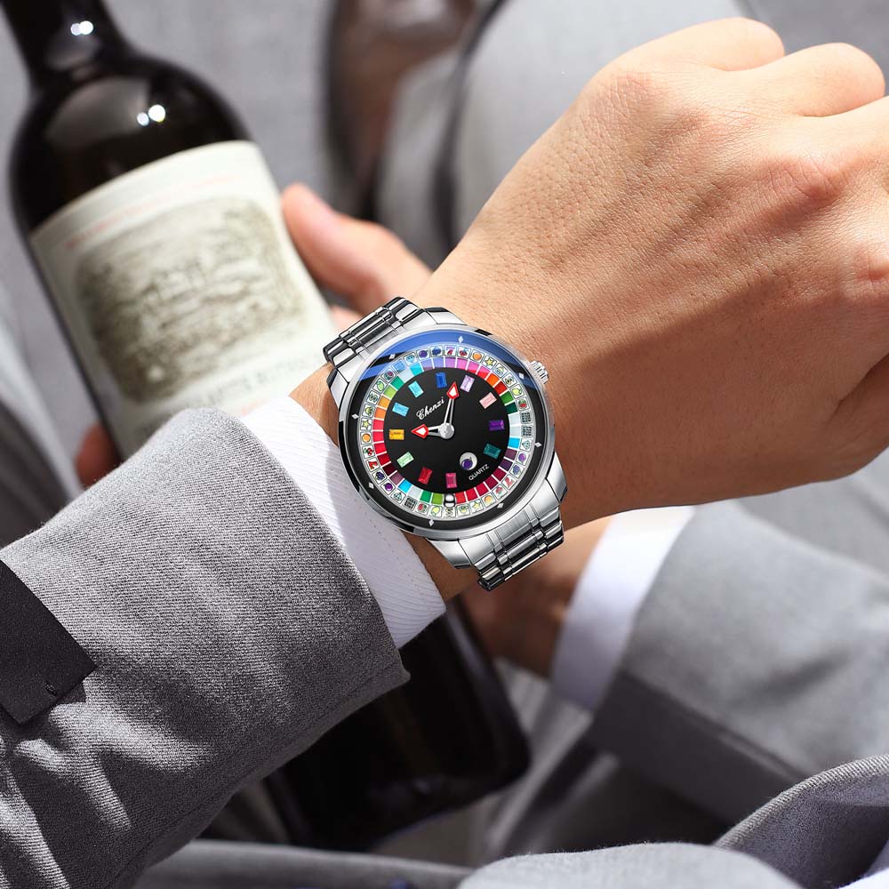 CHENXI Creative Card & Roulette Men's Quartz Watch Large Dial Water-Resistant Luminous Watch Unique Trendy Revolving Dial Watch