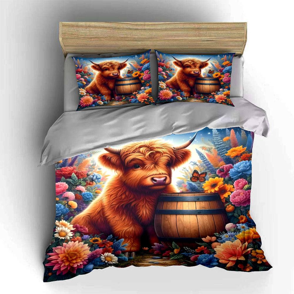 Highland Cow Floral Bedding Set Bedding Duvet Cover Set Duvet Cover Pillowcases (1 * Duvet Cover 2 * Pillowcases, without duvet insert)