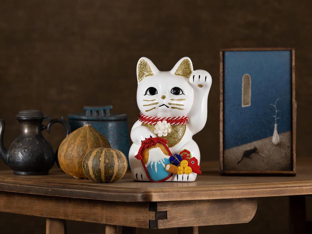 Счастливый кот Фудзи Левосторонний кот Счастливый кот Манеки Кот Фудзияма Украшение Фэн-шуй Коробка для пожертвований Белый Гора. (M-SIZE Белый) Поднятый/Керамический_Lucky (fj_M