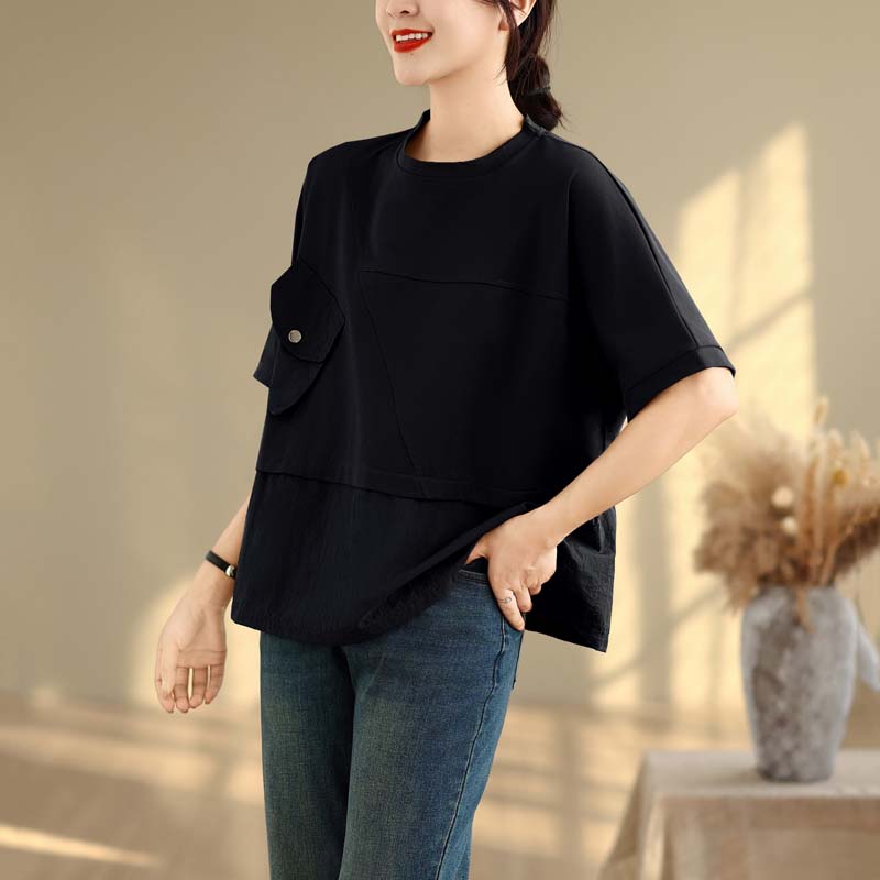 DIMANAF 2025 New Summer Plus Size T-Shirt Women Short Sleeve Solid O-Neck Vintage Loose Tops Tees Maxi