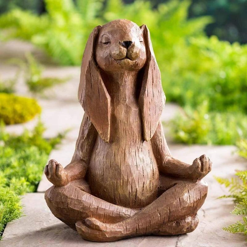 Yoga Gesture Rabbit Statue Meditating Zen Animal Sculpture Buddhism Bonsai Fountain Bunny Ornaments Parlor Garden Decoration