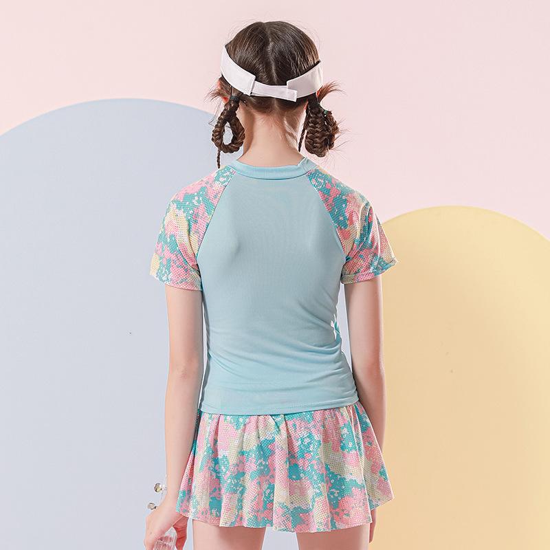 Мода для девочек-подростков, летний пляжный комплект из 2 предметов, комплект купальников бикини, топ и юбка с короткими рукавами с принтом, детский купальный костюм танкини из горячих источников