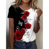 Plus Size Women's Clothes Rose Print Color Block T-shirt Casual Crew Neck Short Sleeve T-shirt Women's Clothing