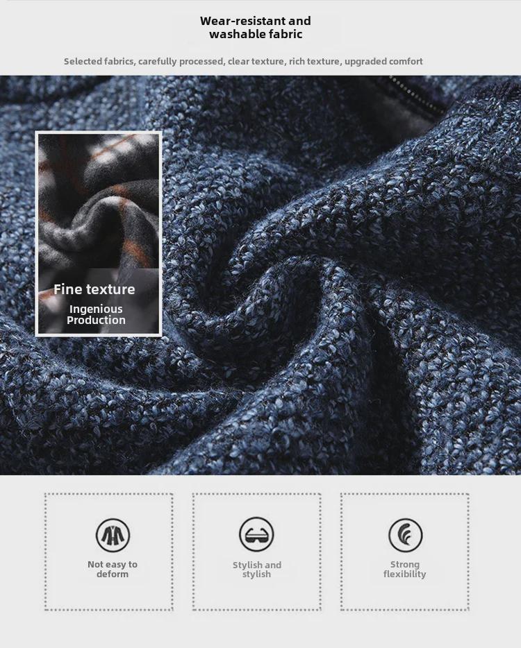 Men's Autumn/Winter Plus Velvet Zipper Knitted Cardigan Jacket with Stand Collar and Solid Color