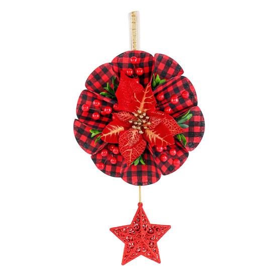 Christmas Wreath Decoration Red Artificial Poinsettias Buffalo Plaid Wreath With Star/Tree Ornament
