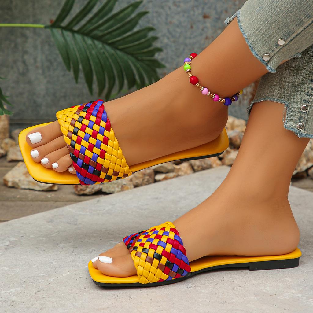 Мода 2025Женские тапочки Дизайнерские тапочки с квадратным носком Летние шлепанцы с открытым носком Пляжные шлепанцы Модные плетеные вручную тапочки для женщин Слайды