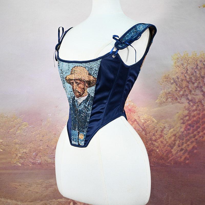 Vintage Van Gogh Oil Painting Art Corset Top Women Jacquard Brocade Bustier Aesthetic Sleeveless Slim Fit Bodice