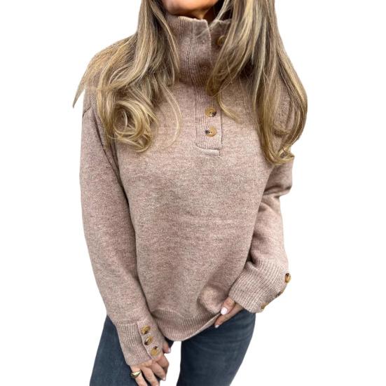 Women Pullover Sweater Stand Collar Buttons Half Placket Long Sleeve Knitting Tops Solid Color Loose Fit Casual Sweater