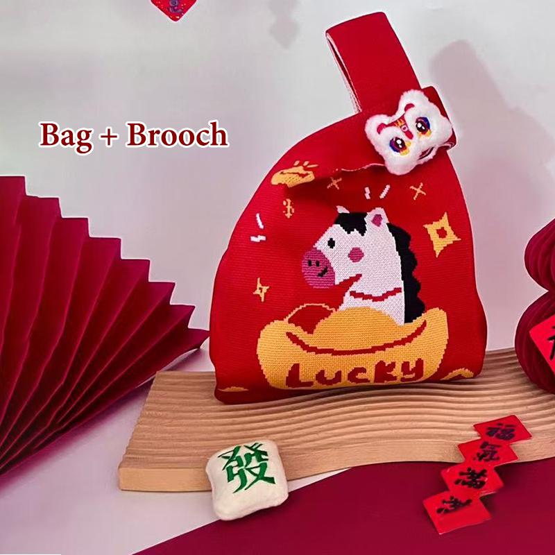 2026 Новогодний Мультяшный Талисман Пони Вязаный Подарочный Мешок Ручной Мешок для Конфет Большая Вместимость Мешок на Завязках на Запястье Милые Многоразовые Сумки для Покупок