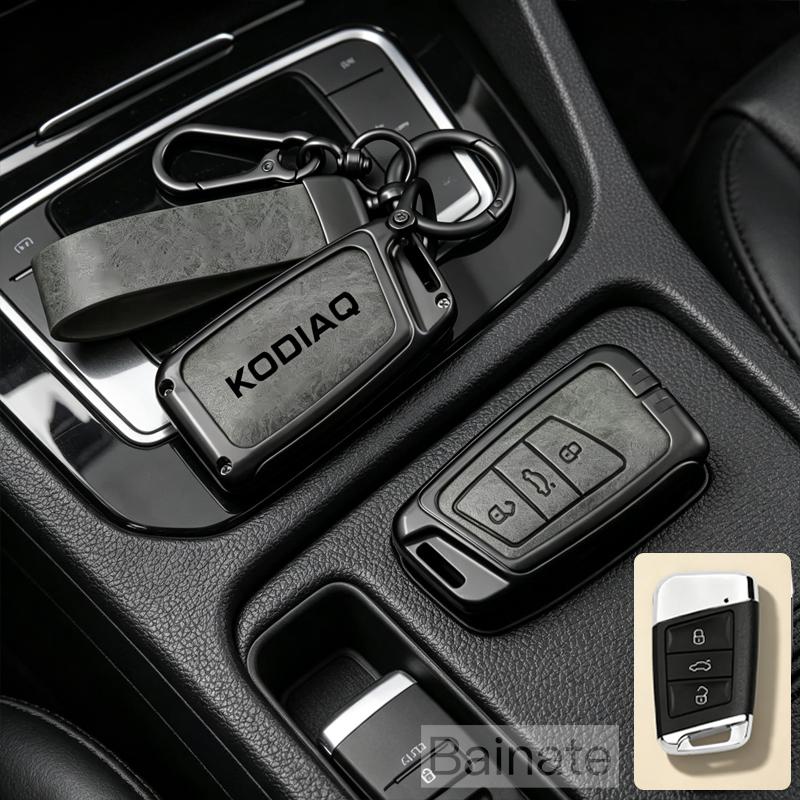 Для Skoda Kodiaq - Держатель для ключей автомобиля из цинкового сплава Защитный чехол для пульта ДУ Чехол для автомобильного ключа Брелок из сплава и кожи Аксессуары