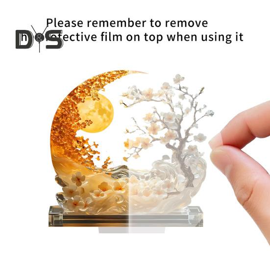 Moon Acrylic Ornament 2D Moon And Plum Tree Decoration Crescent Moon Centerpiece with Base for Home Mantel Dinning Table Desk Decor
