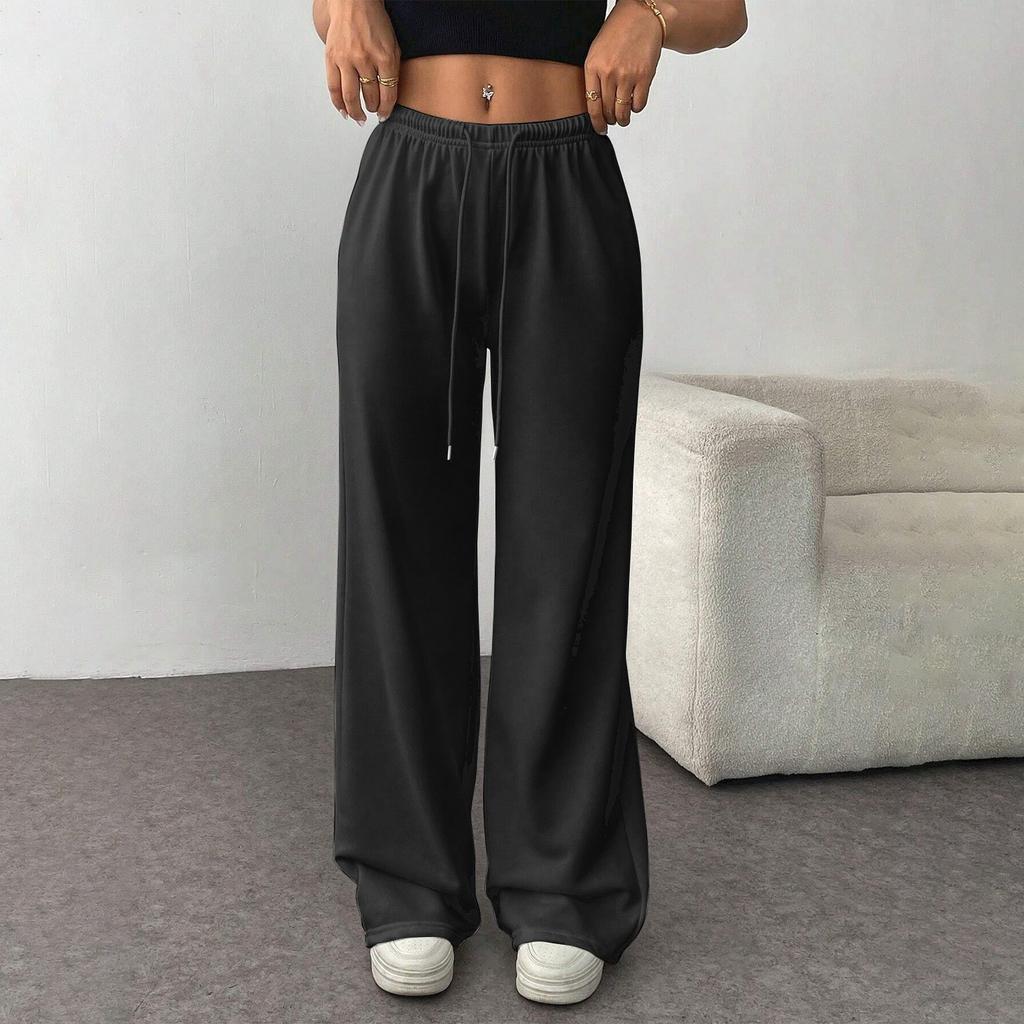 Women's Fashion Loose Drawstring Waist Solid Color Casual Sports Pants Casual Wide-Leg Pants