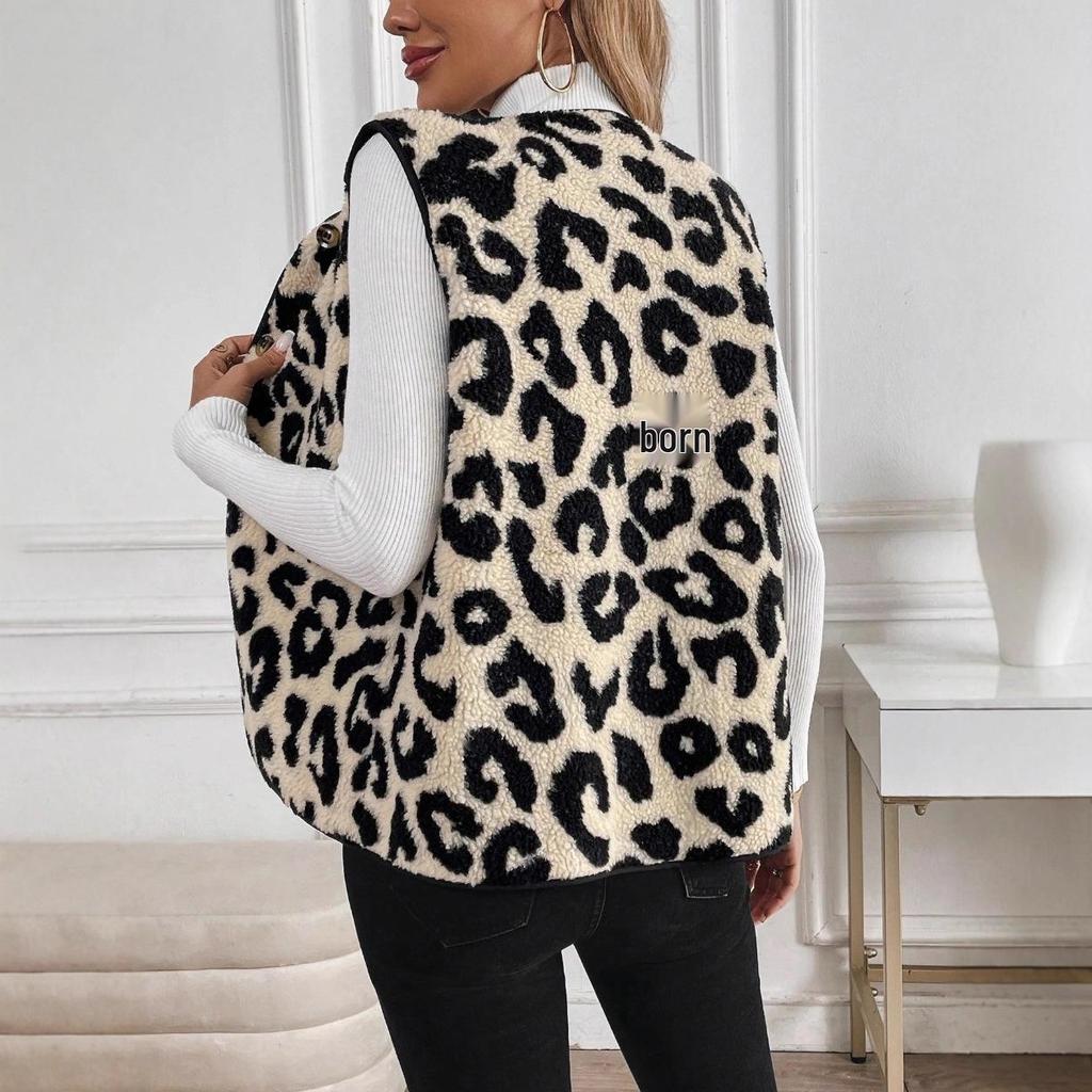 2025 Women's Leopard Print Button-Front Plush Vest - European/American Autumn/Winter Fashion