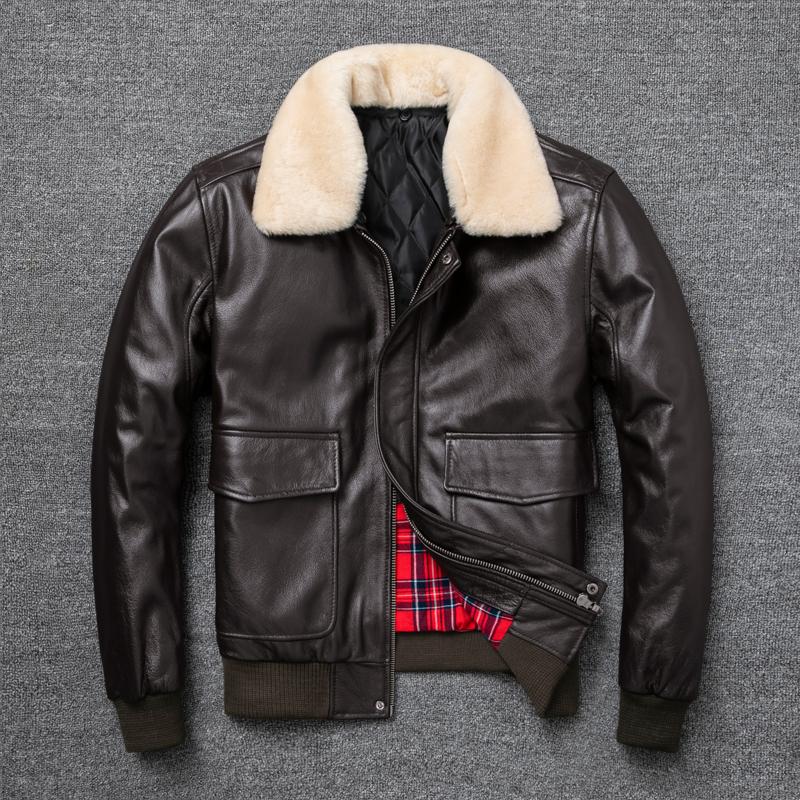 Air Force Flight Jacket Fur Collar Genuine Top Layer Cow Leather Jacket Men Black Brown Cow Coat Men's Winter Jacket