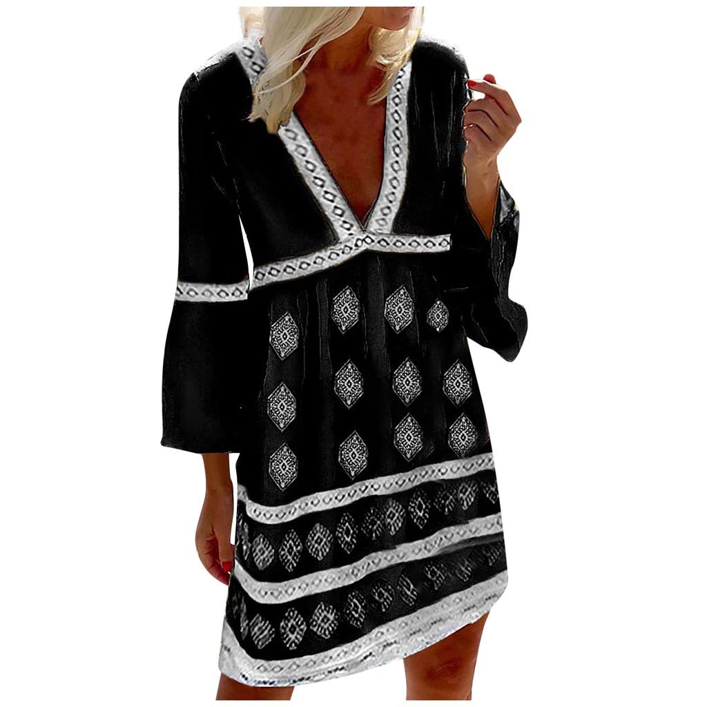 Женское модное повседневное платье с v-образным вырезом и принтом средней длины и рукавами три четверти