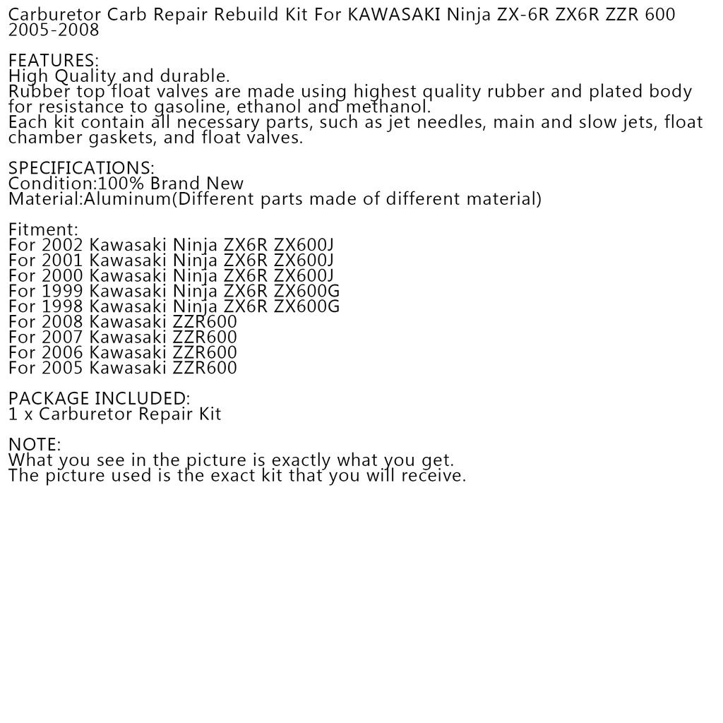 Carburetor Repair Rebuild Kit For Kawasaki ZZR600 2005-2008 Ninja ZX6R ZX600J/G