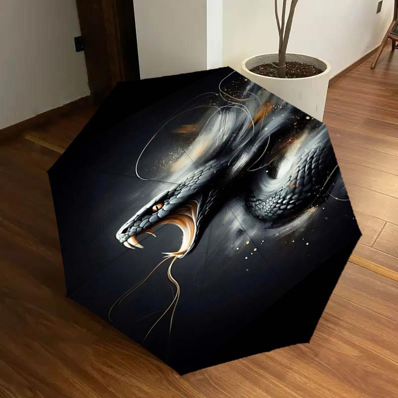 Black Snake Artwork Automatic Opening/Closing Umbrella - Portable Folding Design with 8-Bone Iron Frame, Perfect for Outdoor Use, Festive Gi