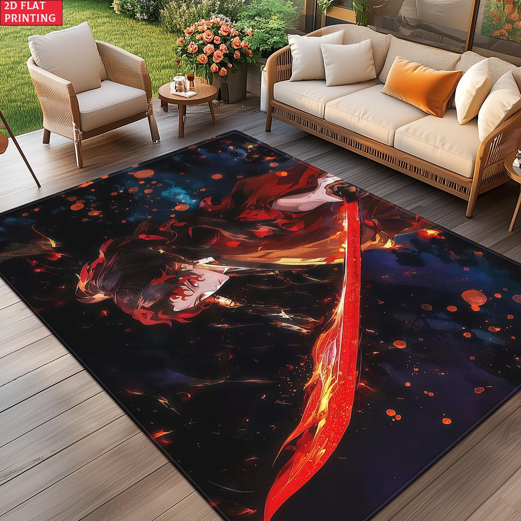 Anime Swordsman Area Rug, Red Flame Theme Non-slip Floor Mat,Decorative Carpet for Gaming Room Bedroom, Washable Home Decor Gift