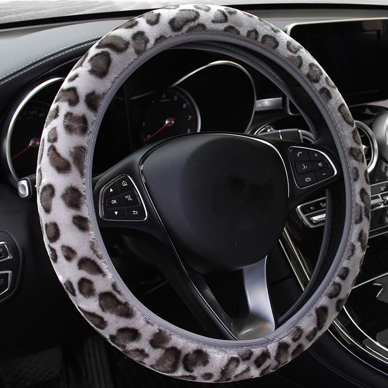 1Pc Auto Fluffy Winter Universal Leopard Print Gray Interior Accessories Car Steering Wheel Cover