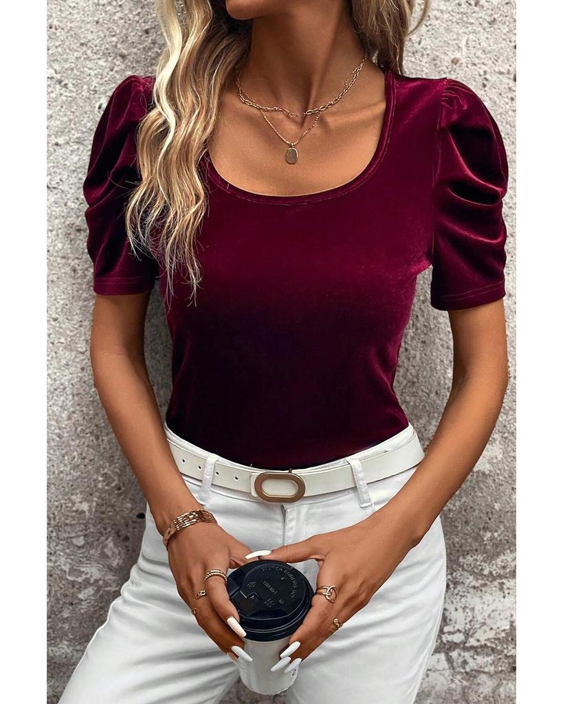 Azura Exchange Burgundy Short Puff Sleeve Velvet Top