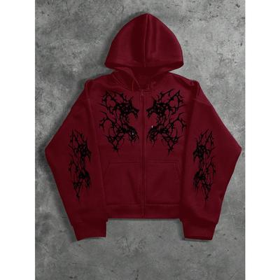 Dark Punk Loose Fleece Hooded Jacket with Fully Zippered Design, Hoodie