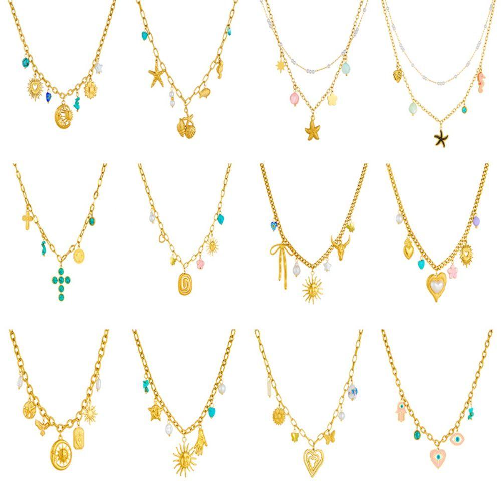 Metal Chain Ocean Pendant Necklace Vintage Multilayer Pearl Necklace Eyes of Demon Necklace  Party