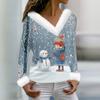 Women's Fashion Casual Long Sleeve V-Neck Christmas Printed Plush Top