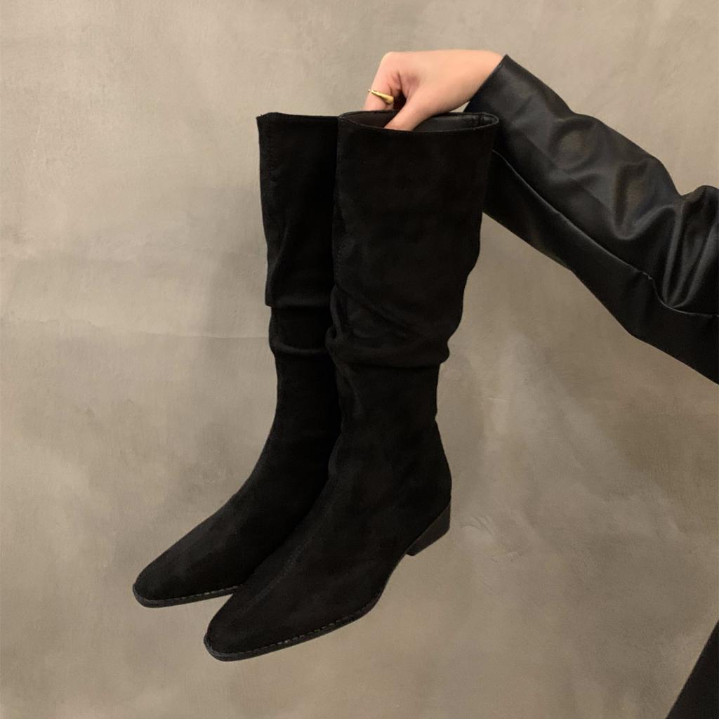Модные высокие ботинки с острым носком женские на среднем каблуке замшевые массивные хлопковые туфли женские тренд 2024 готика челси ботфорты туфли-лодочки ботинки женские