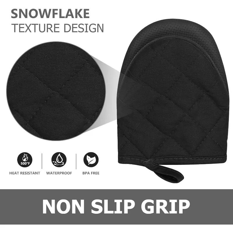 1 Pair Short Oven Mitts Silicone Kitchen Oven Gloves High Heat Resistant 500℉ with Non Slip Grip Surfaces and Hanging Loop Black