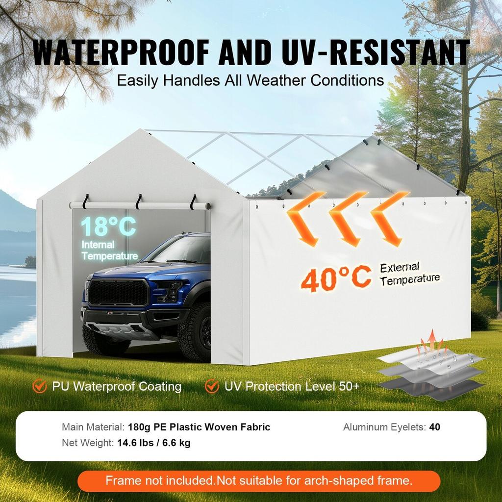 Carport Replacement Canopy Cover Side Wall 10 x 20 ft, Garage Tent Shelter Tarp Heavy-Duty Waterproof & UV Protected, Easy Installation with Ball