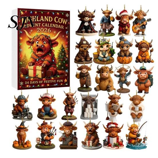 Cute Cow Party Supplies 3D Highland Advent Calendar 2026, Christmas Countdown with Theme Favors Farm Cattle Mini Figurines for Hanging Ornaments