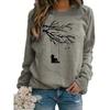 Women's Autumn and Winter Loose Casual Comfortable Tree and Bird Design Printed Velvet Long Sleeved Round Neck Hoodie Pullover