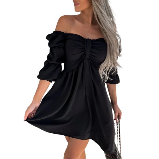 Women Mini Dress Off Shoulder Loose Hem High Waist Bubble Sleeves A-line Solid Color Soft Pleated Lady Beach Prom Dress
