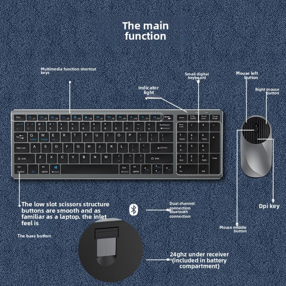 Беспроводная перезаряжаемая мини-тихая клавиатура и мышь Bluetooth, 3 режима для iPhone iPad Huawei
