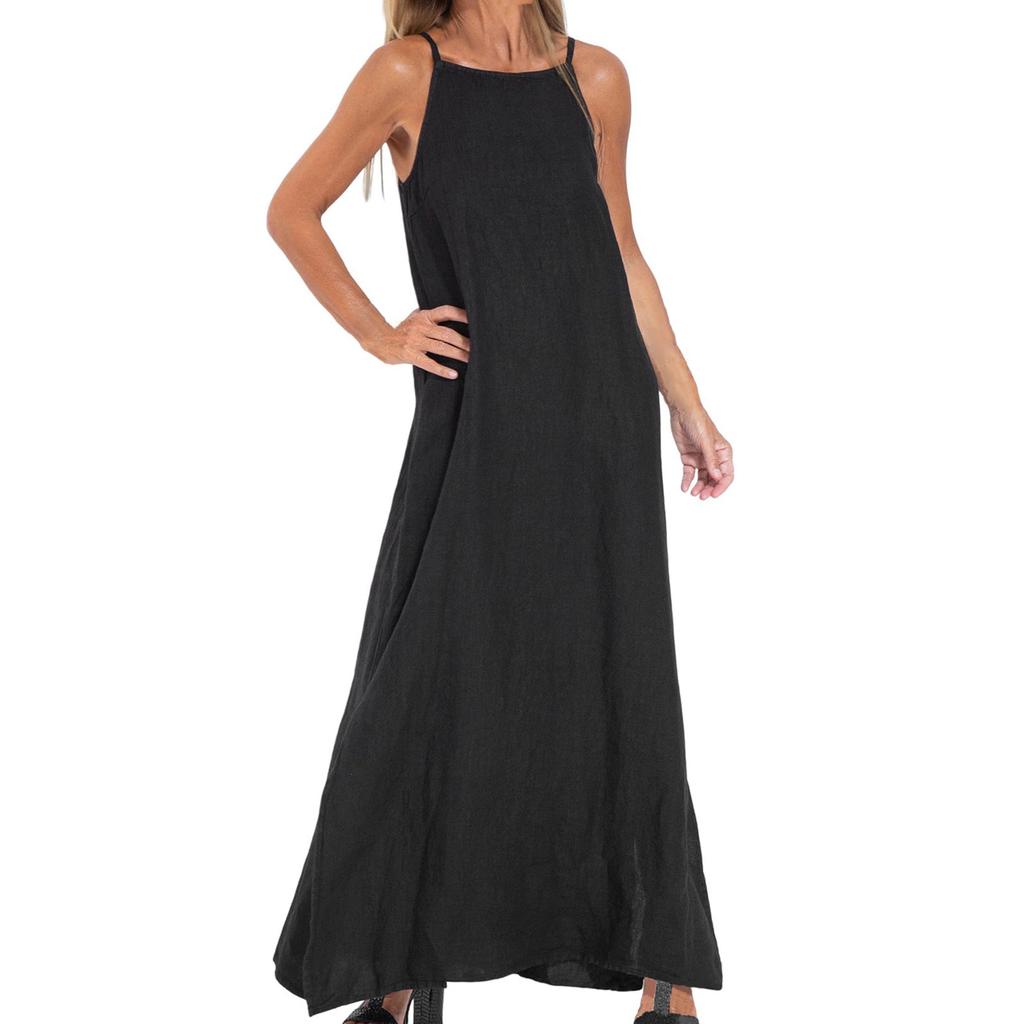 Женские модные повседневные свободные платья из хлопка и льна с разрезом без рукавов