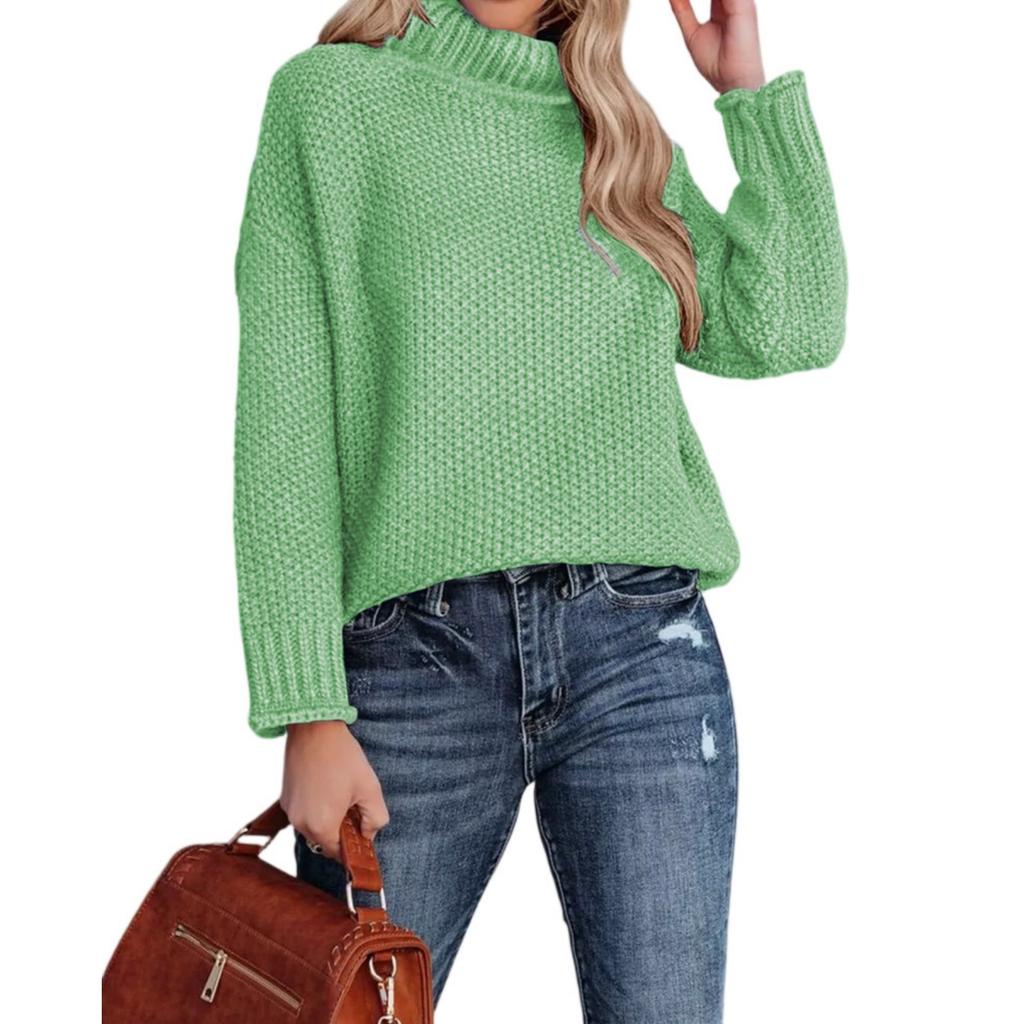 Модный женский вязаный свитер с высоким воротником, длинными рукавами и подвернутым краем