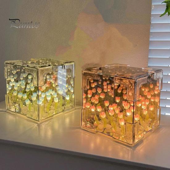 Handmade DIY Tulips Cube Mirror Lamp Soft Glow Easy To Install Romantic Tulips Flower Night Light Desktop Decoration