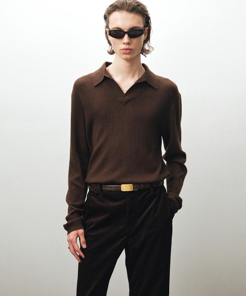 NOIRER Layered V-Neck Polo Knit (Deep Brown)