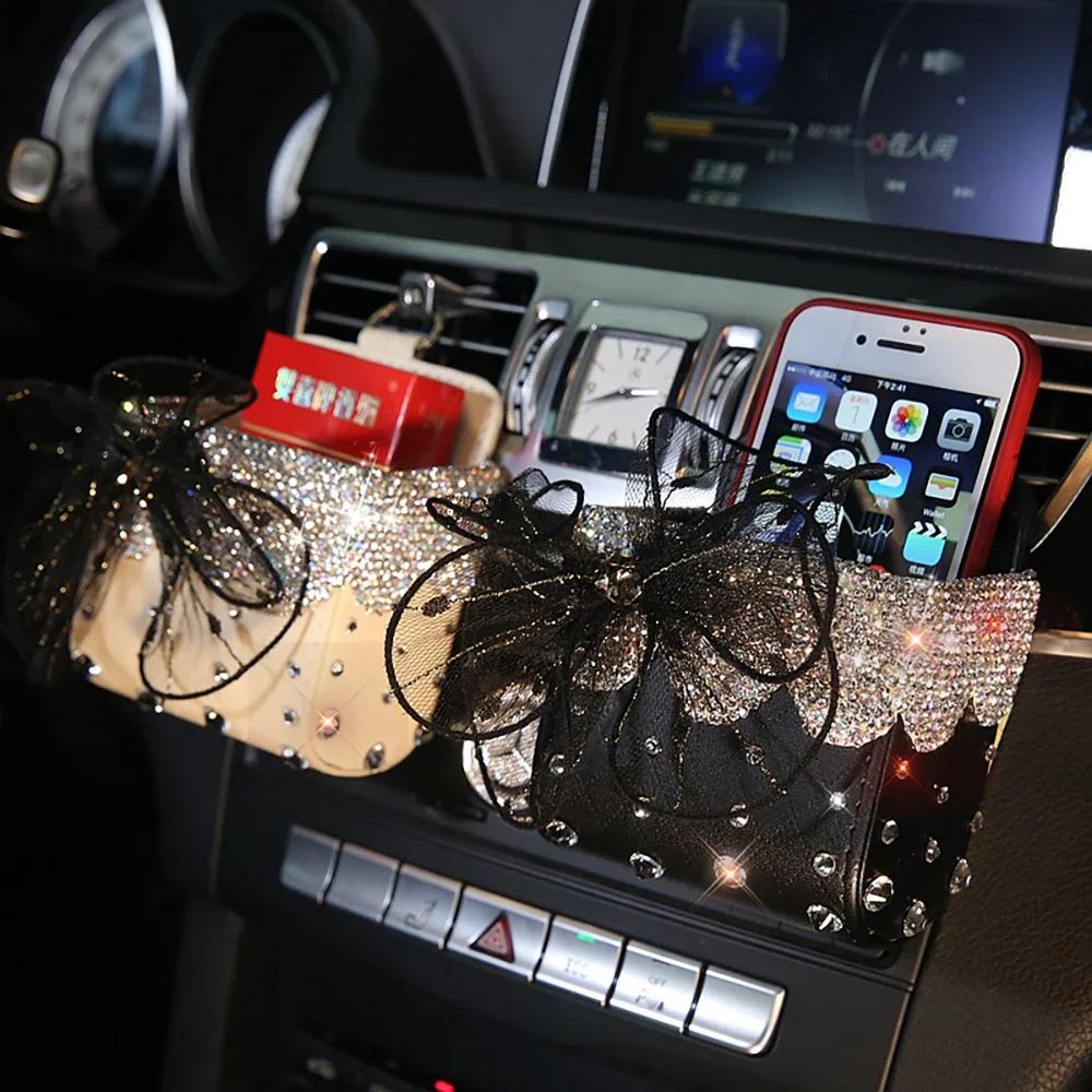 Diamond Crystal Portable Car Storage Box Bag Mink Fur Auto Vent Mount Holder Cosmetics Case Universal Mobile Phone Bag