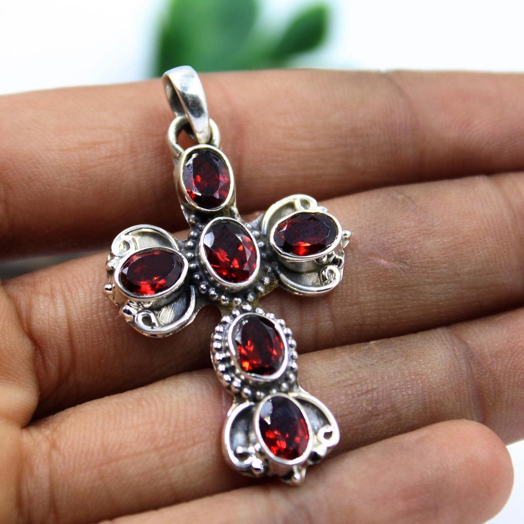 Подвеска с крестом из красного граната и стерлингового серебра 925 пробы, подвеска ручной работы