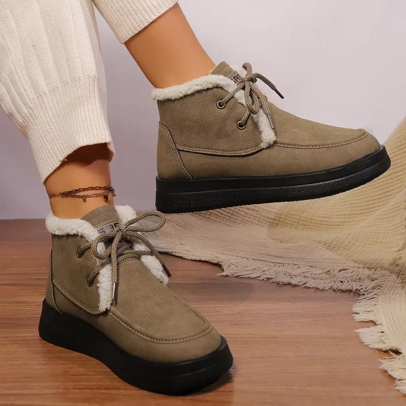 Модная женская обувь 2024 года, новые женские ботинки со шнуровкой спереди, модные повседневные ботинки с круглым носком, женские зимние короткие плюшевые теплые зимние ботинки