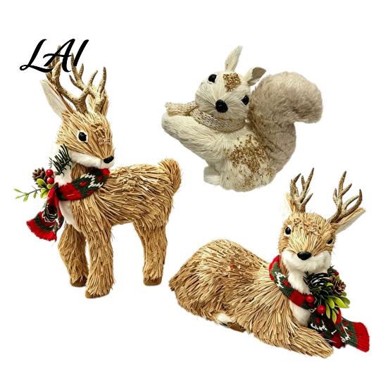 Forest Atmosphere Party Supplies Handmade Straw Deer/Squirrel Christmas Ornaments with Scarf Retro Pastoral Style Handcrafted Seasonal Gift