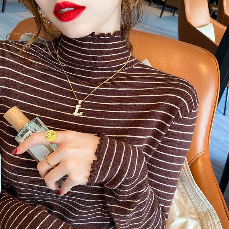 Пуловер женский бархатный полуводолазка в полоску, рубашка женская с длинным рукавом, универсальная