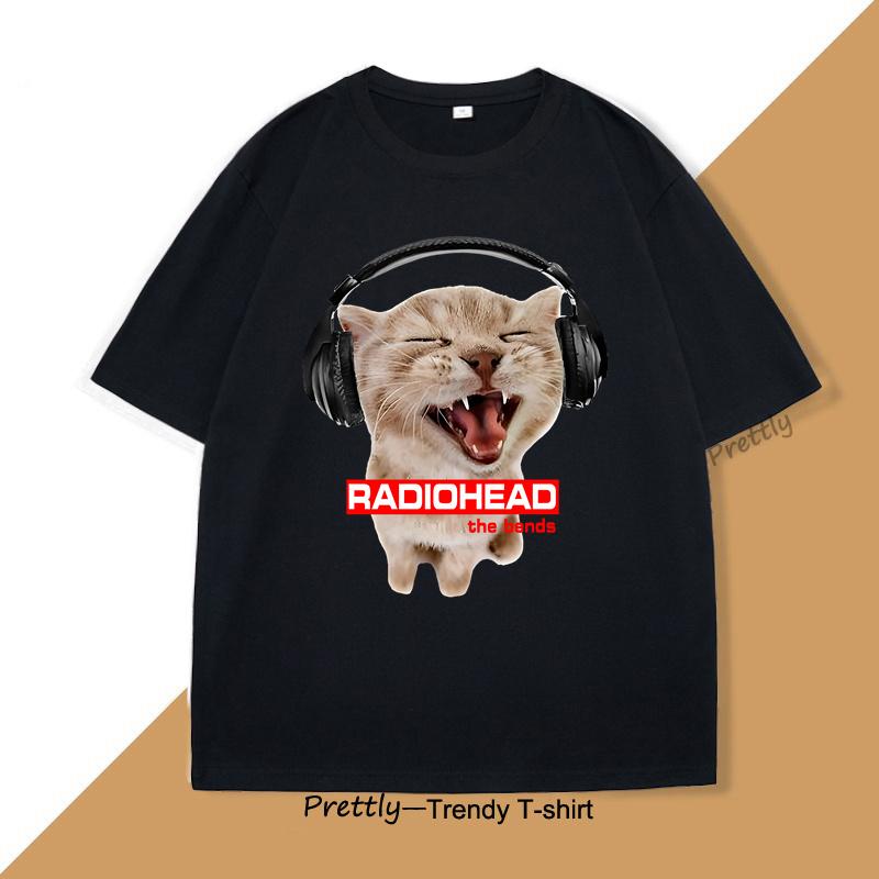 Cat with Headphones Radiohead Tshirt Cute Cat Rock T Shirt Men Women Vintage Cotton Short Sleeve Round Neck Tshirt Streetwear