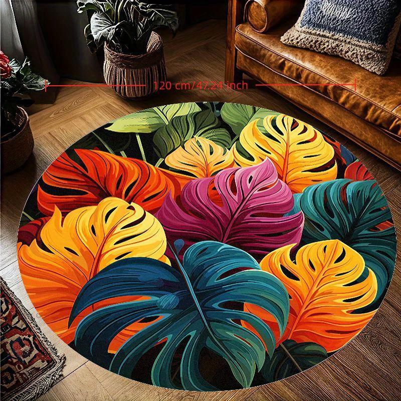 Vibrant Tropical Leaves Round Area Rug Boho Jungle Pattern Living Room Decoration Floor Carpet Mat