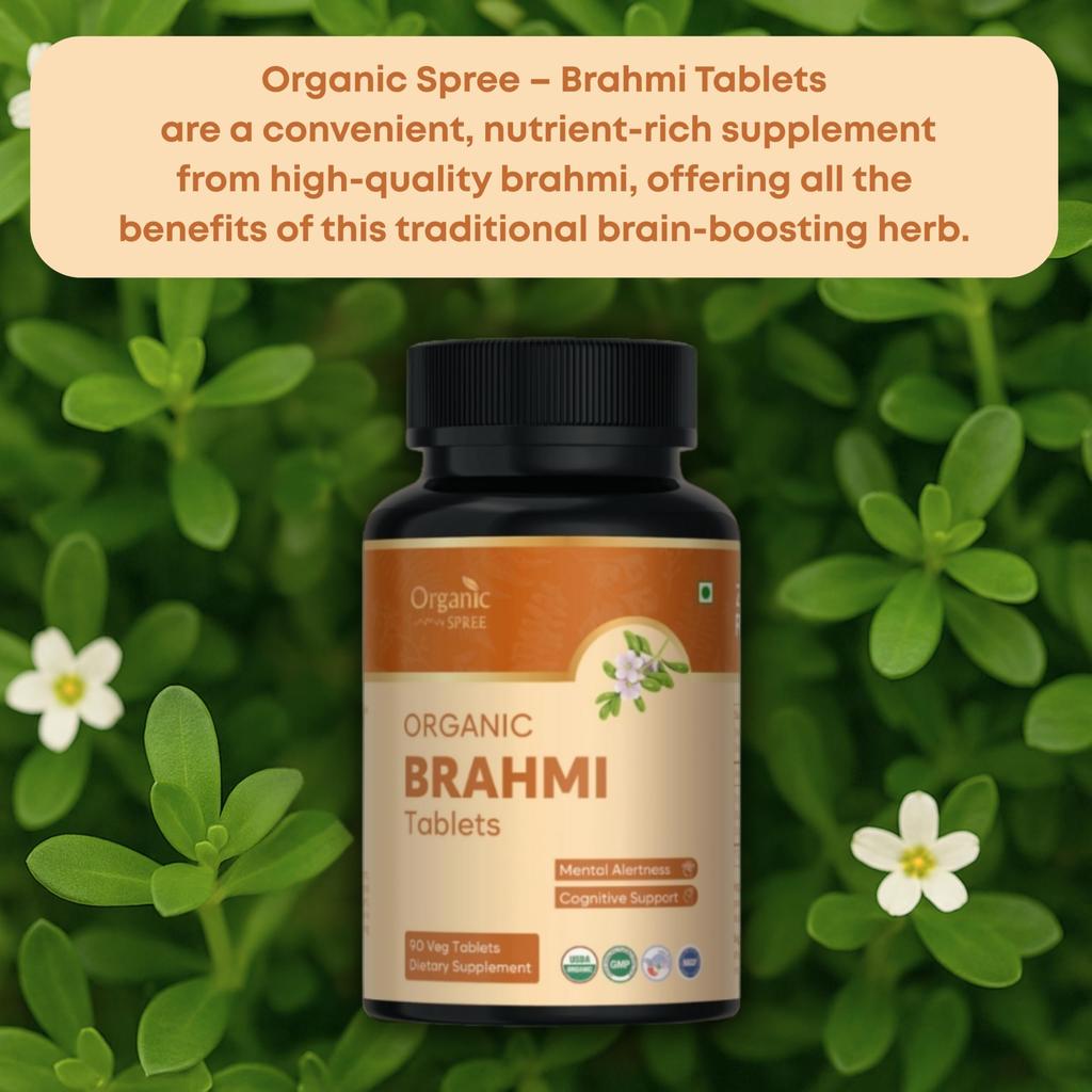Органические таблетки Брами Organic Spree – 90 таблеток | 100% органическая сертификация | Поддерживает ясность ума и омолаживает ум | Веганский и GMP (Упаковка - 1)